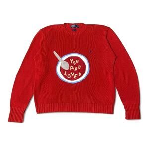 Custom Upcycled “You Are Loved” Alphabet Soup Patchwork Red Sweater Medium